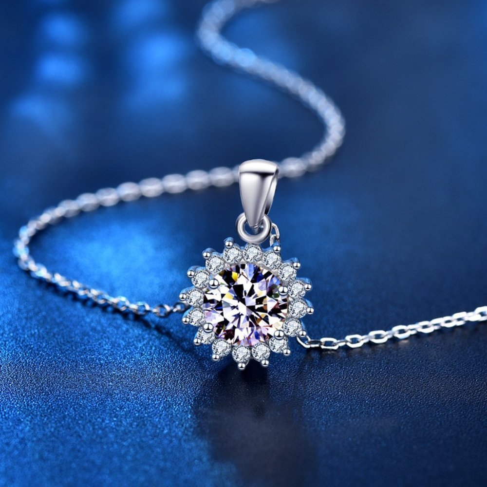 Certified 1ct. t.w. Diamond Moissanite Sunflower Halo Necklace NEW B - Picture 4 of 9